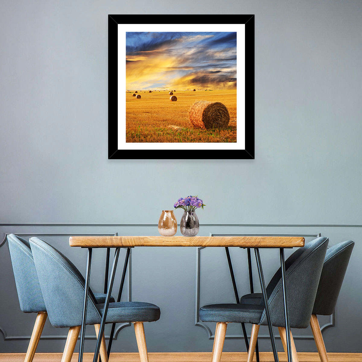 Sunset Over Hay Bales Wall Art in a room, square