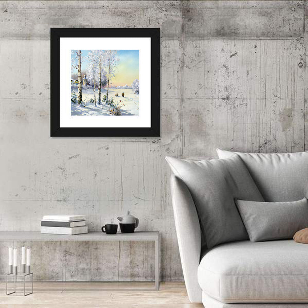 Birch-framed Winter Village Wall Art