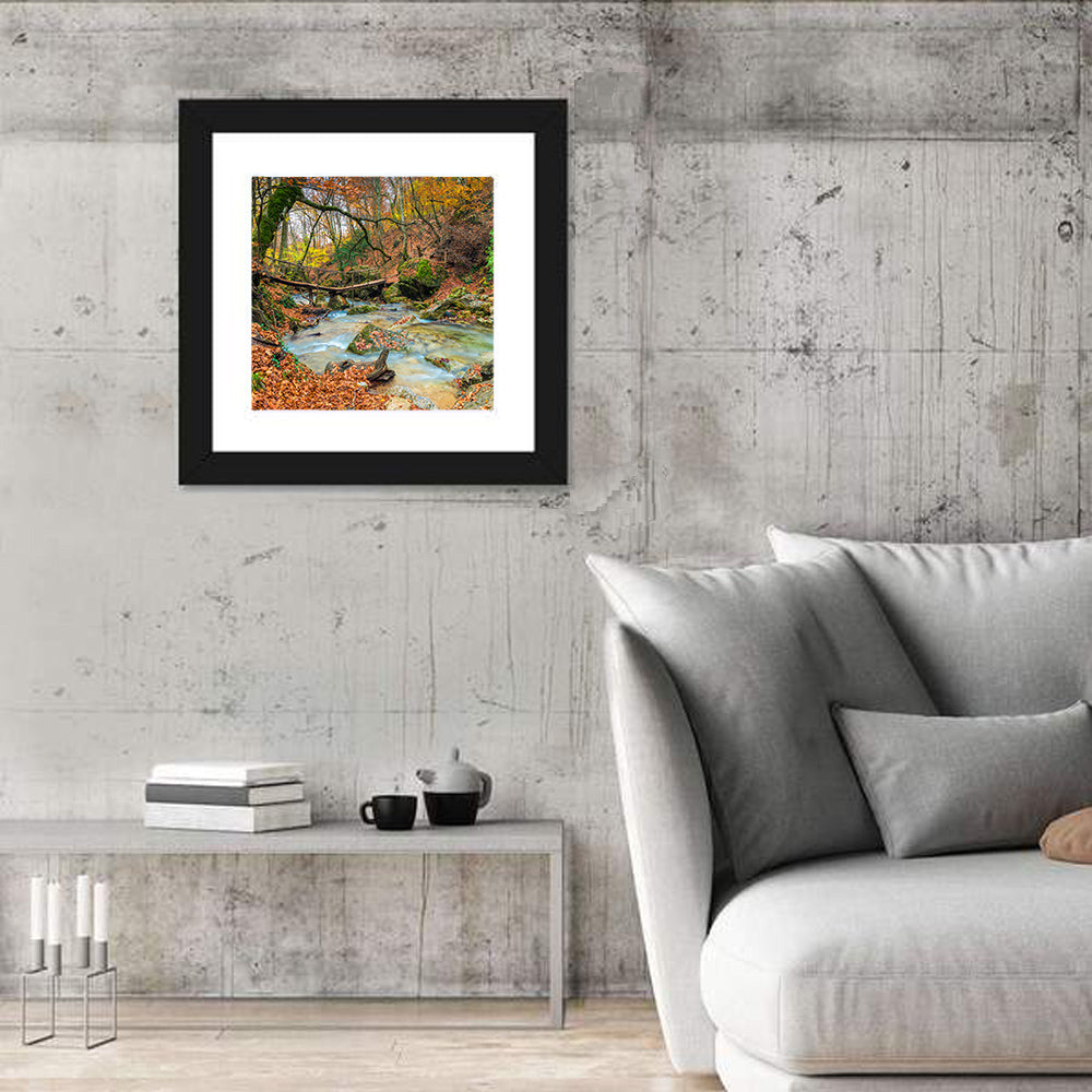 Mossy Footbridge in Autumn Forest Wall Art in a room, square