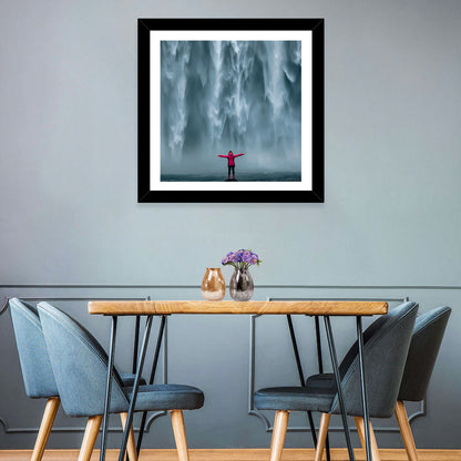 Skogafoss Waterfall with Figure in Pink Wall Art