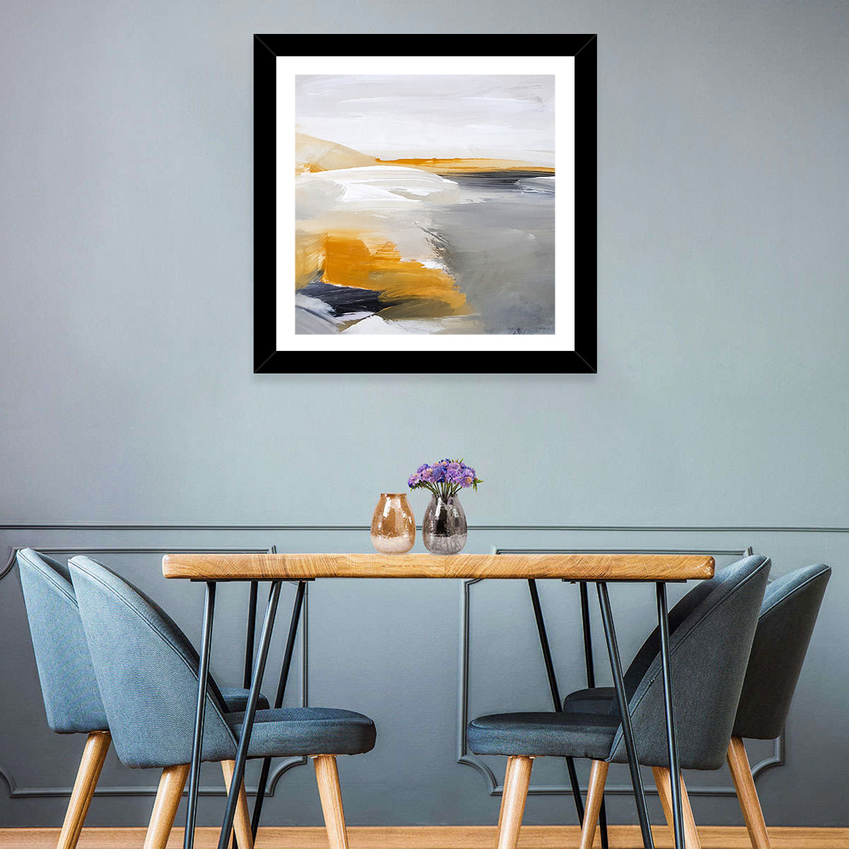 White Coastal Abstract Landscape Wall Art in a room, square