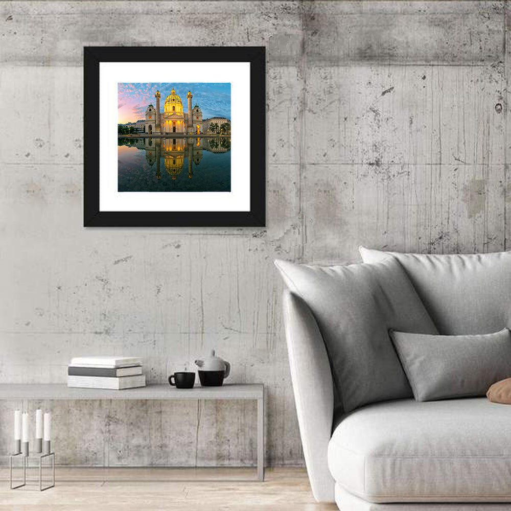 Karlskirche Golden Hour Reflection Wall Art in a room, square