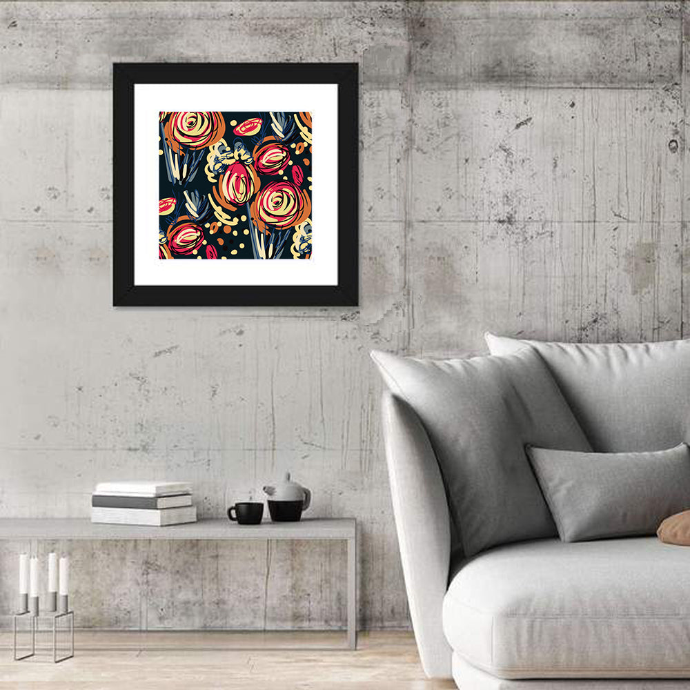 Colorful Scribbled Floral Pattern Wall Art in a room, square