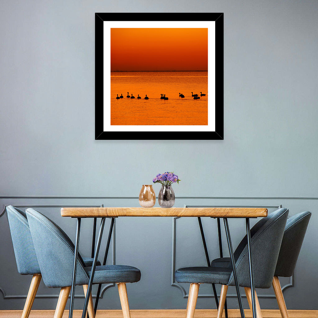 Geese Silhouettes at Orange Sunset Wall Art