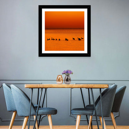 Geese Silhouettes at Orange Sunset Wall Art