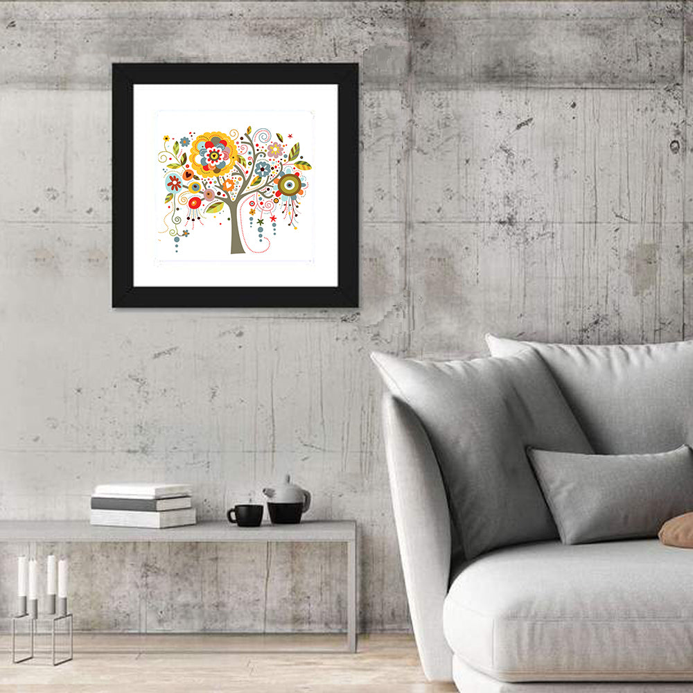 Whimsical Floral Tree Illustration Wall Art in a room, square