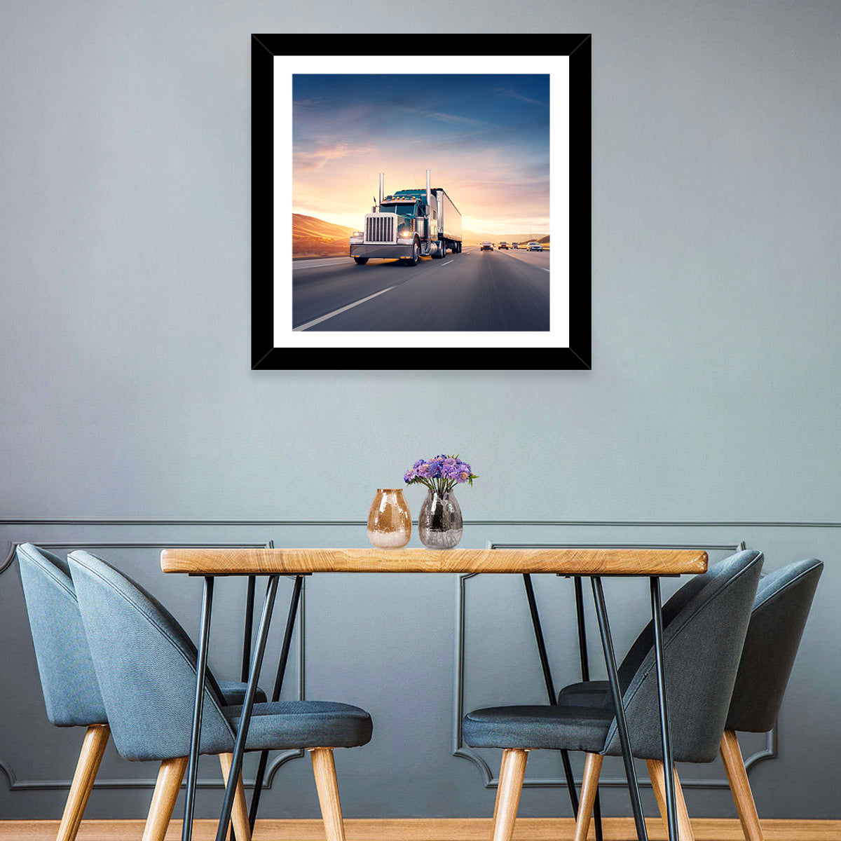 Semi Truck Highway Sunset Wall Art