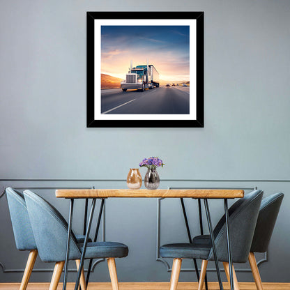 Semi Truck Highway Sunset Wall Art