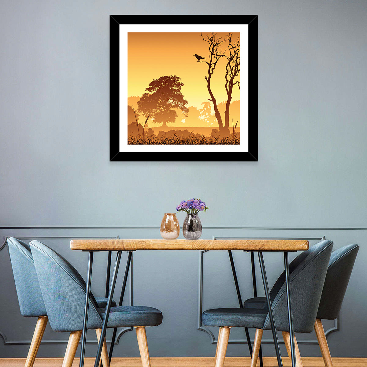 Golden Mist Tree Silhouettes with Crow Wall Art in a room, square