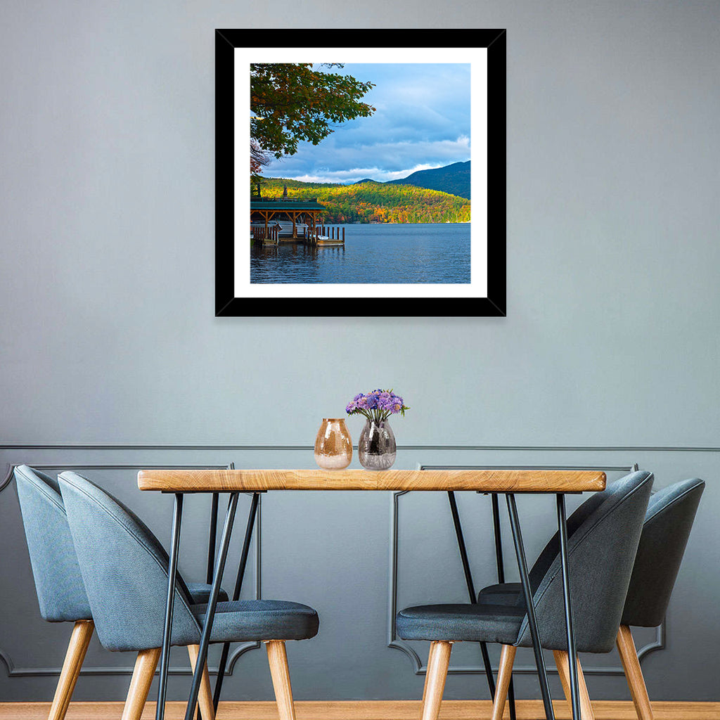 Lake George Boathouse in Autumn Wall Art