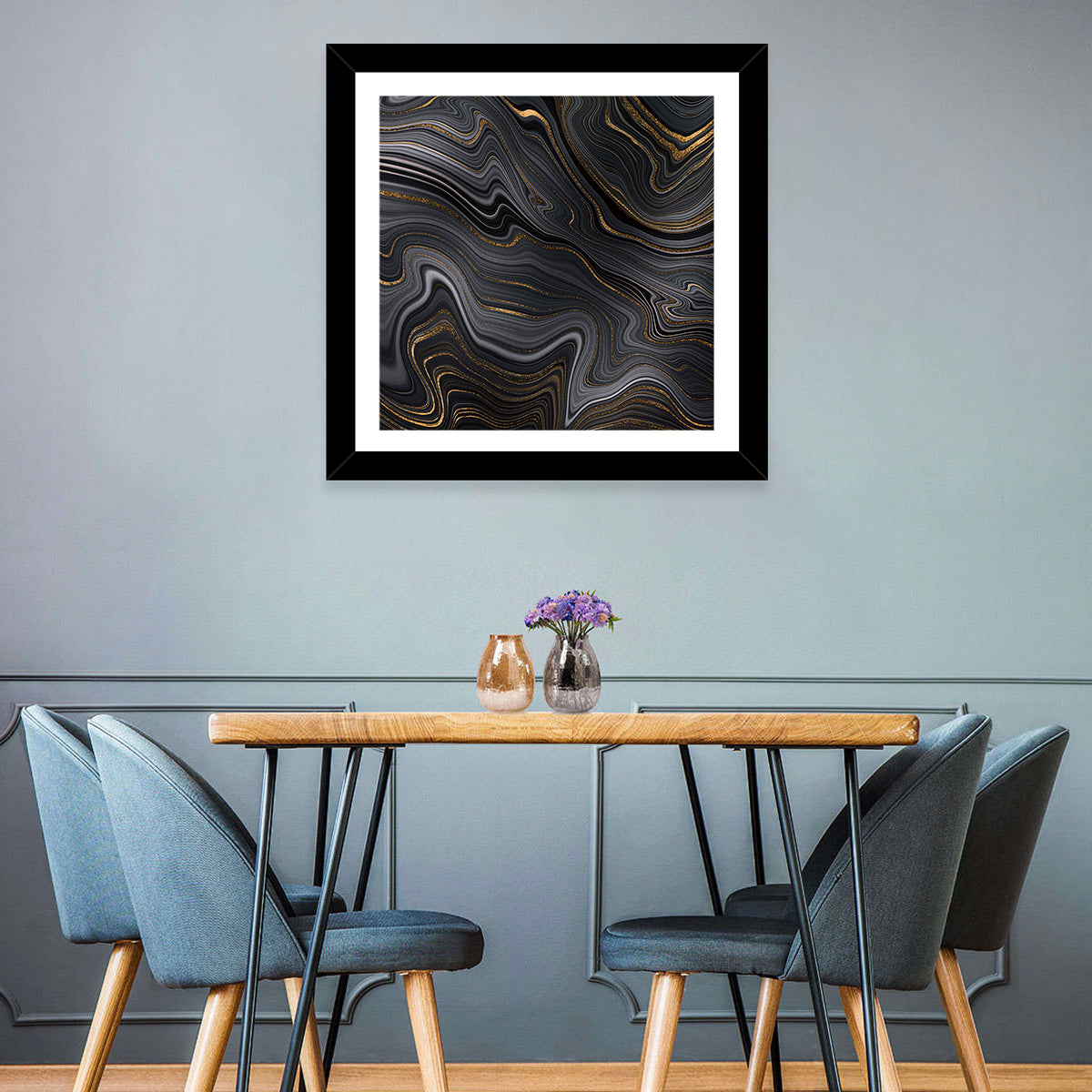 Black Marble with Gold Veins Wall Art in a room, square