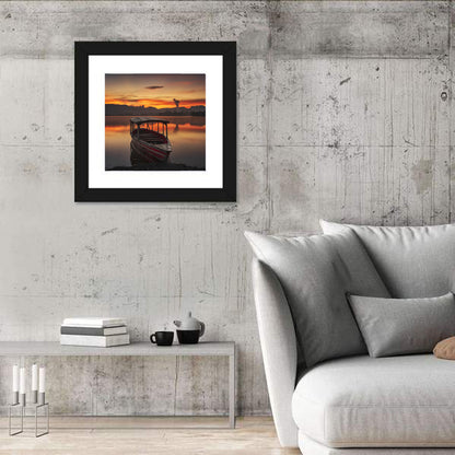 Sunset Fishing Boat on Calm Lake Wall Art