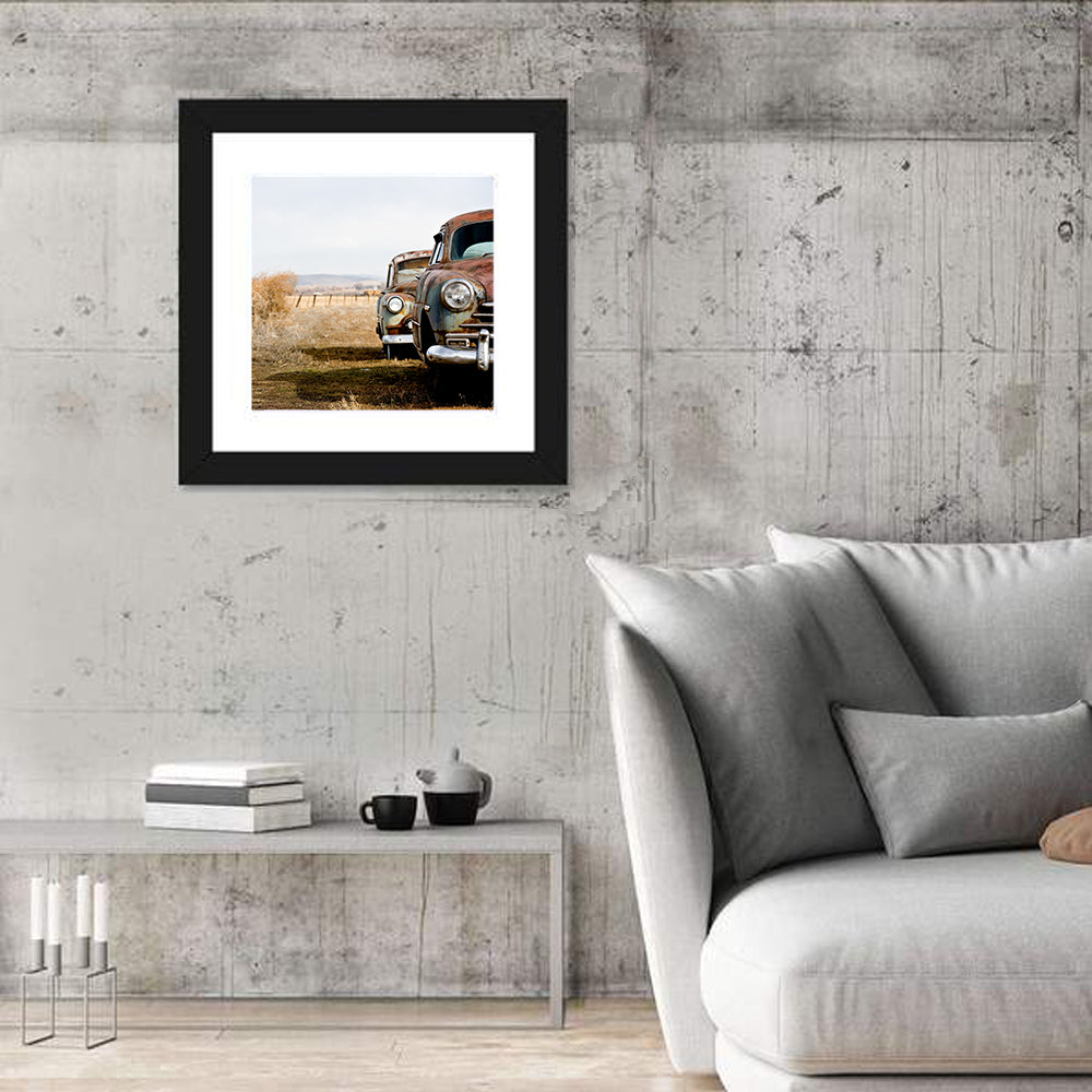 Abandoned Rusty Vintage Cars Behind Barbed Wire Wall Art