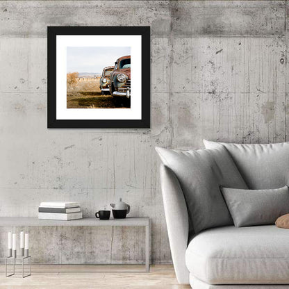 Abandoned Rusty Vintage Cars Behind Barbed Wire Wall Art