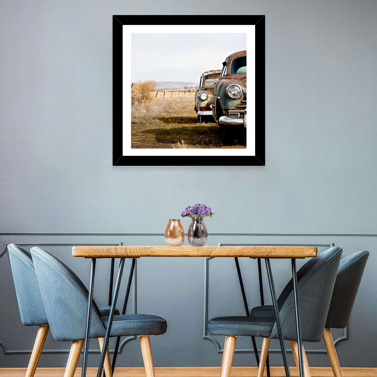 Abandoned Rusty Vintage Cars Behind Barbed Wire Wall Art