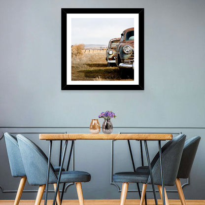 Abandoned Rusty Vintage Cars Behind Barbed Wire Wall Art