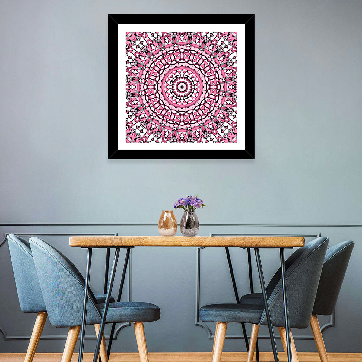 Pink Mosaic Kaleidoscope Mandala Wall Art in a room, square