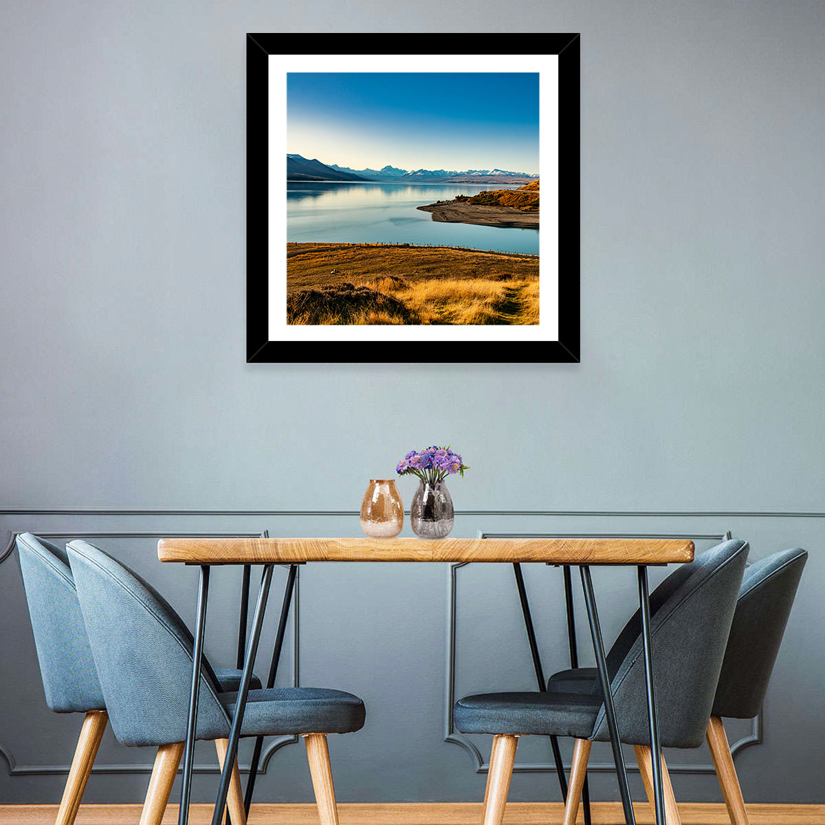 Lake Pukaki Golden Hour with Mount Cook Wall Art in a room, square