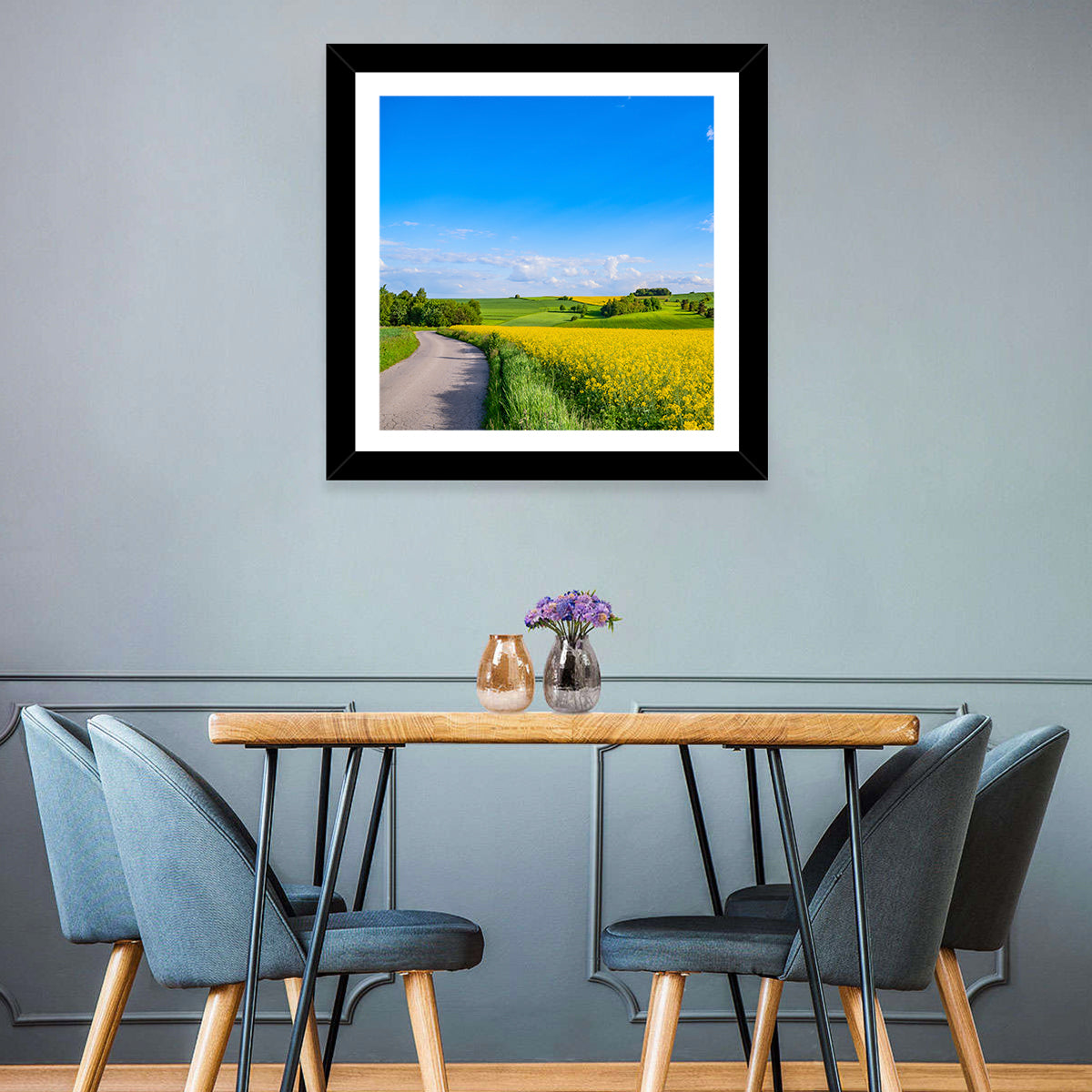 Rapeseed Field Road Under Blue Sky Wall Art