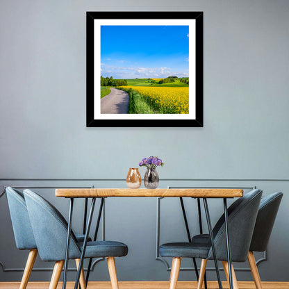 Rapeseed Field Road Under Blue Sky Wall Art