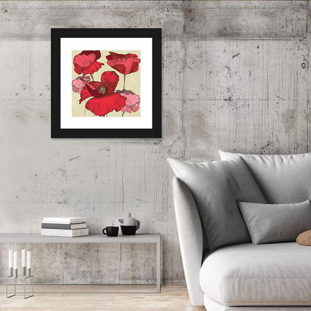 Vintage Poppy Illustration Wall Art in a room, square