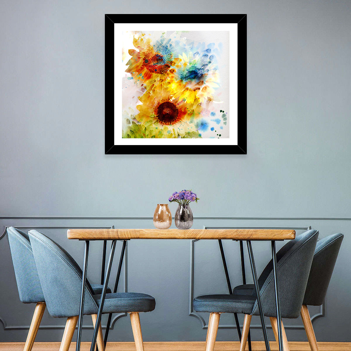 Watercolor Sunflower Trio Wall Art in a room, square