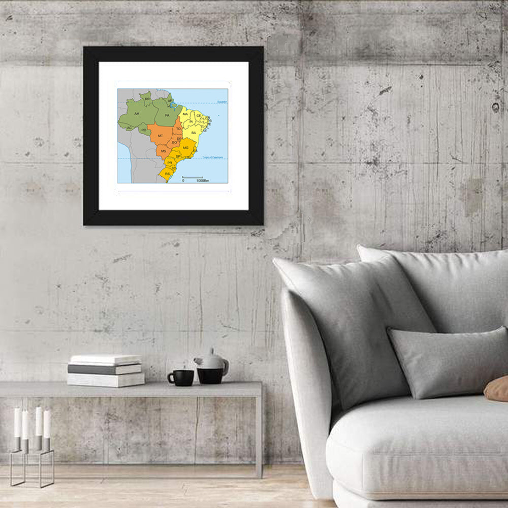 Brazil Map with State Codes Wall Art