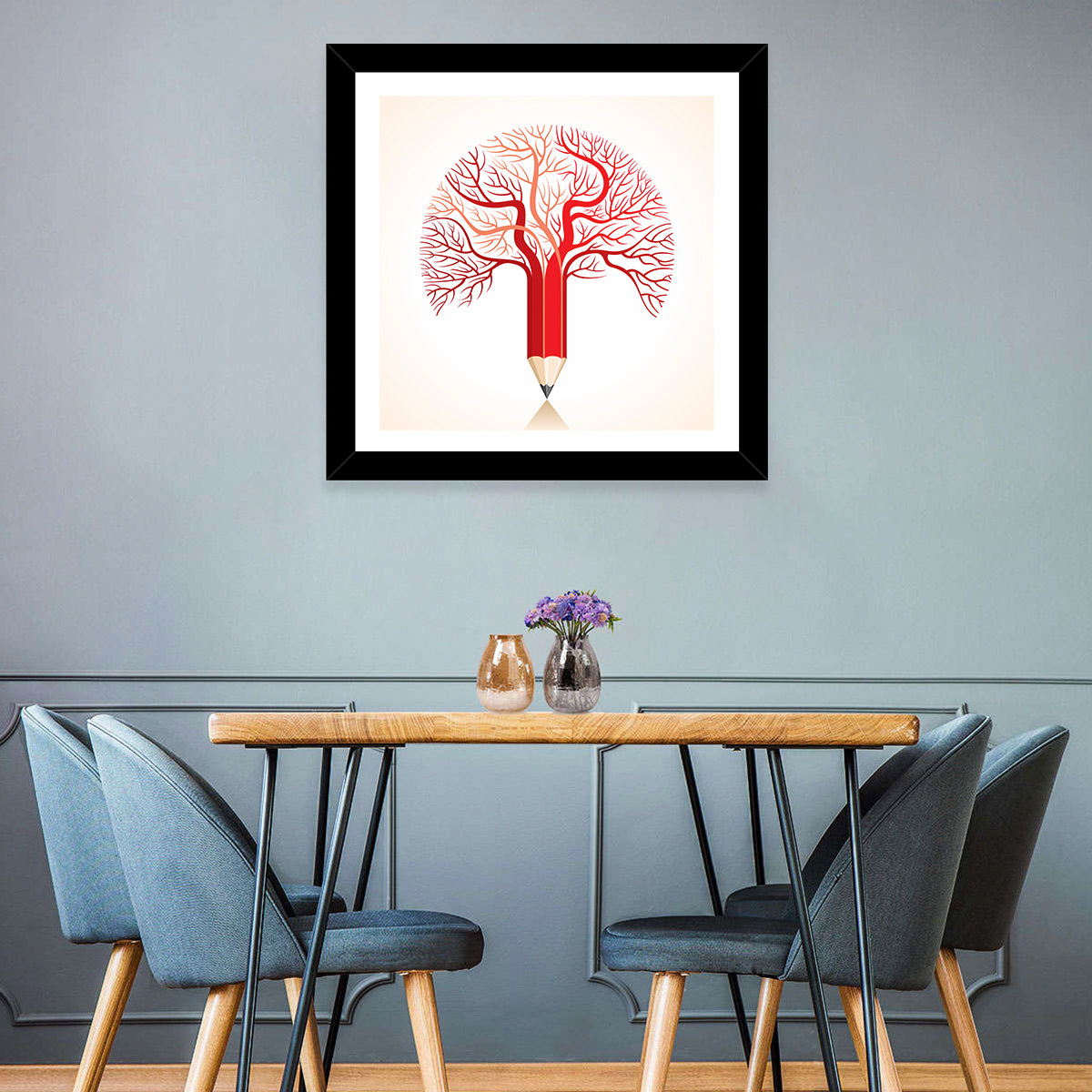 Knowledge Tree Pencil Illustration Wall Art in a room, square
