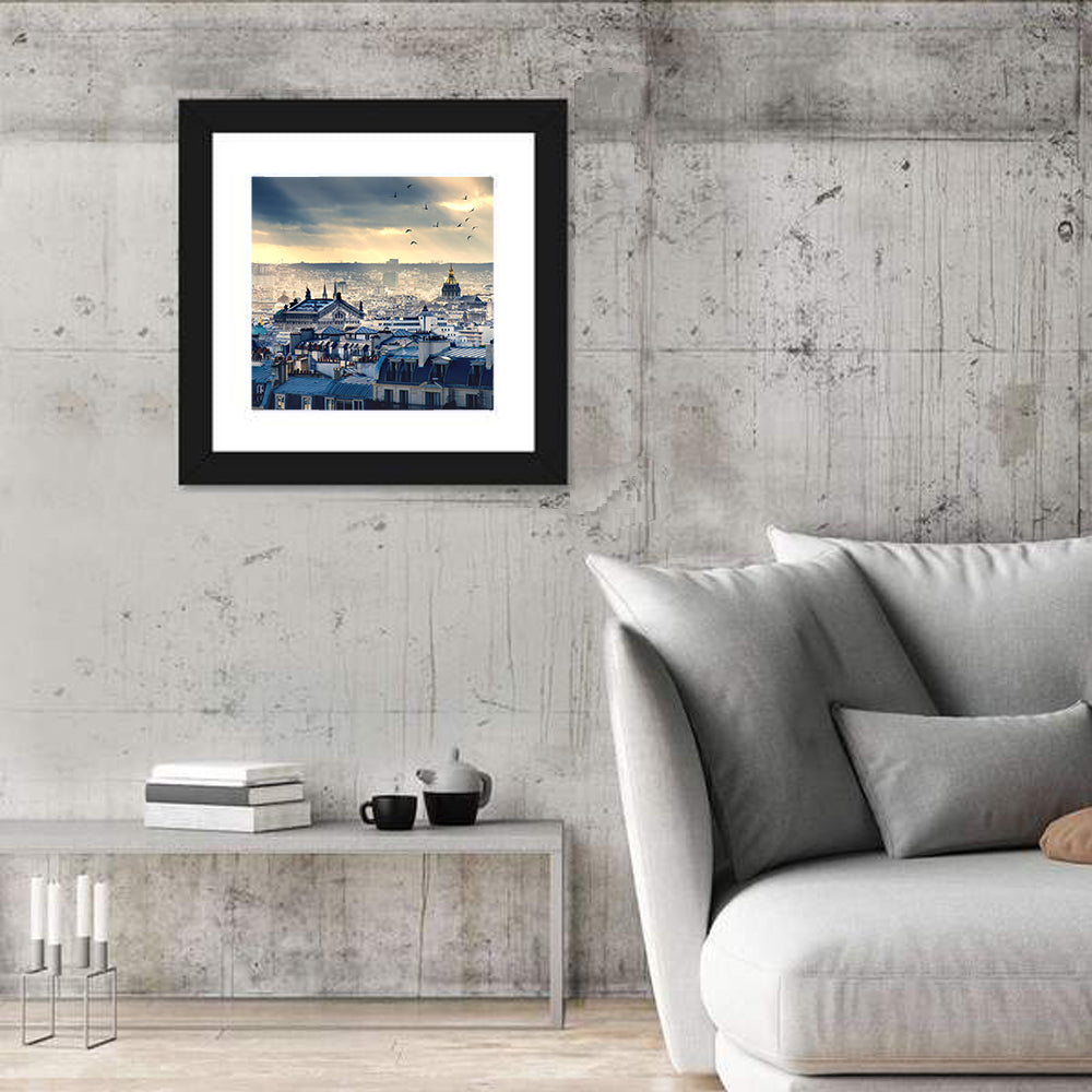 Paris Rooftops Under Dramatic Clouds Wall Art in a room, square