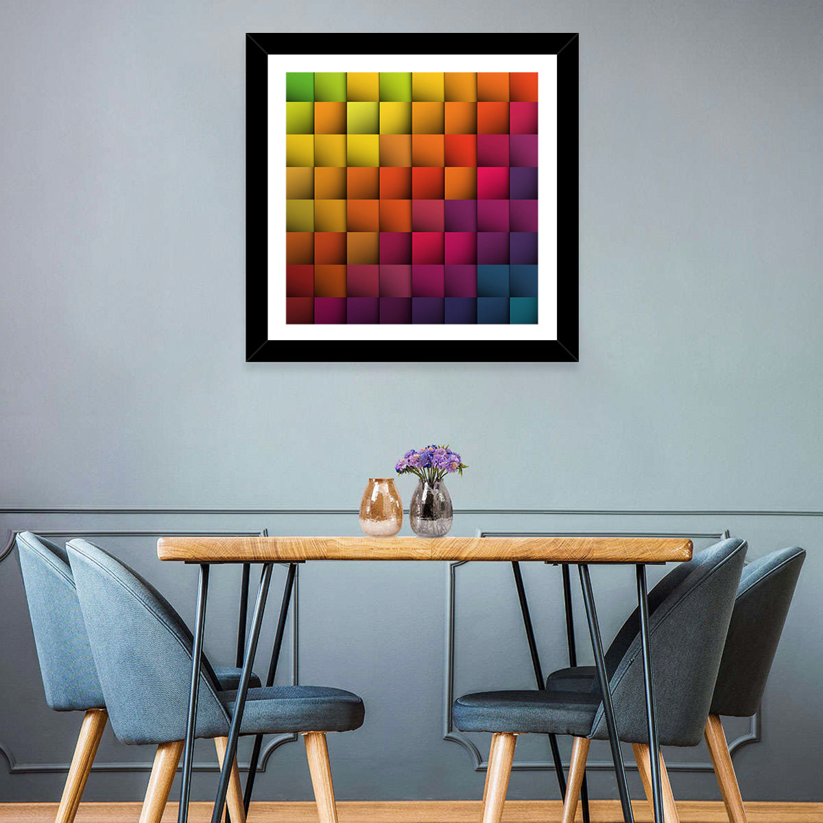 Vibrant Gradient Squares Grid Wall Art in a room, square