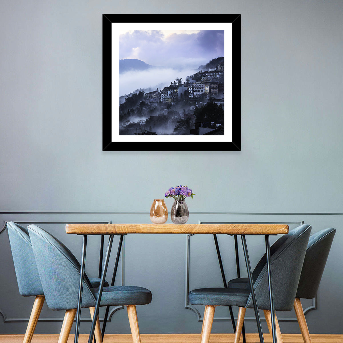 Misty Hillside Town Wall Art
