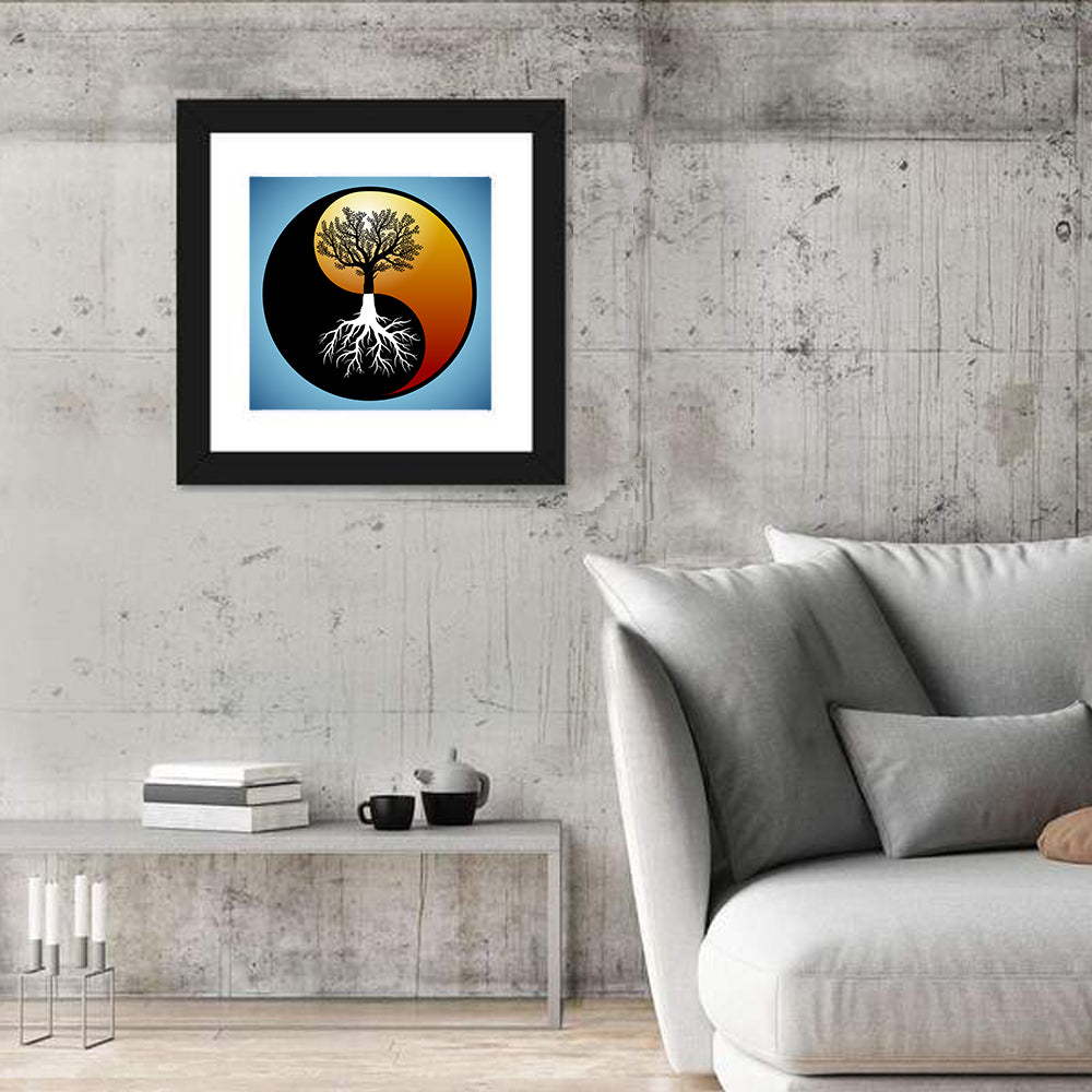Yin Yang Tree Illustration Wall Art in a room, square