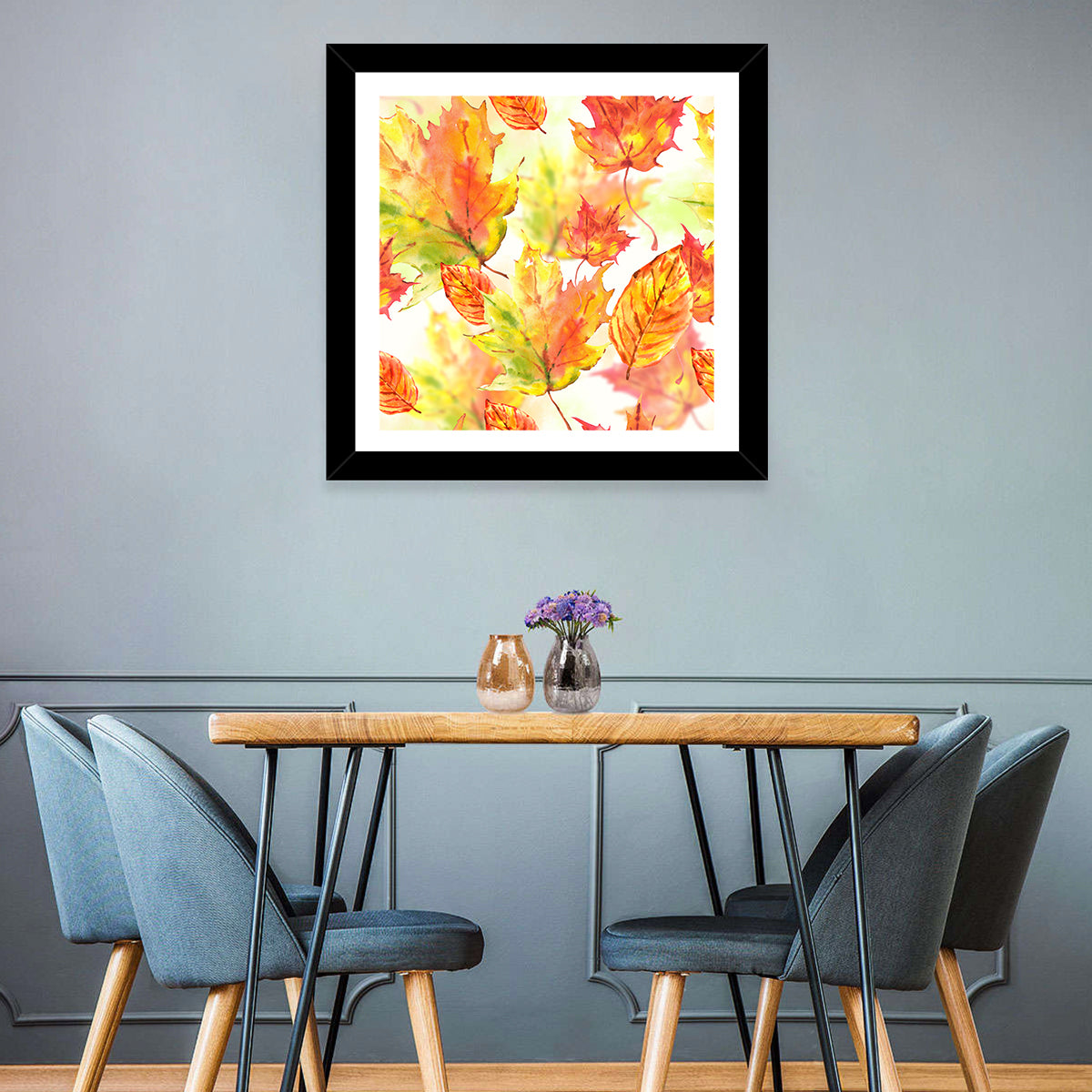 Falling Autumn Leaves Wall Art in a room, square