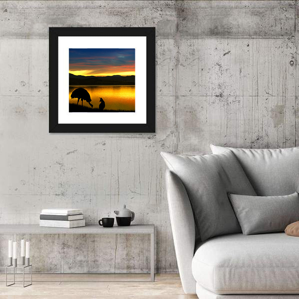 Kangaroo and Emu at Lake Sunset Wall Art