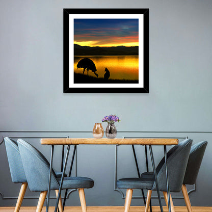 Kangaroo and Emu at Lake Sunset Wall Art