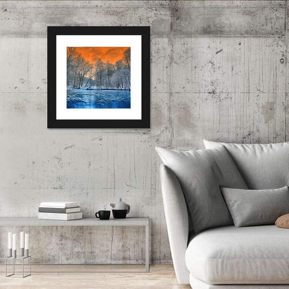 Sunset Over Winter Forest Lake Wall Art