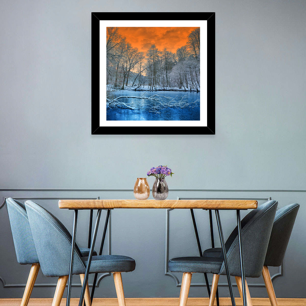 Sunset Over Winter Forest Lake Wall Art
