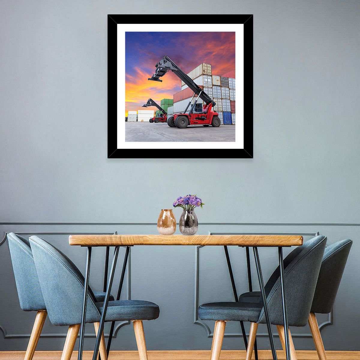 Red Reach Stackers at Sunset Wall Art