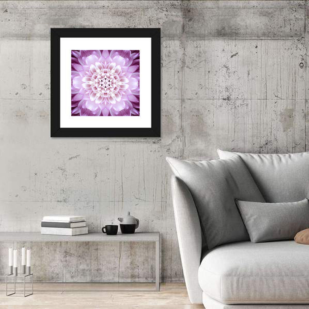 Kaleidoscopic Dahlia Mandala Wall Art in a room, square