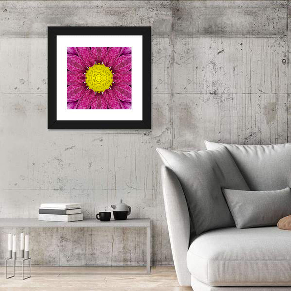 Kaleidoscopic Daisy Mandala Close Up Wall Art in a room, square