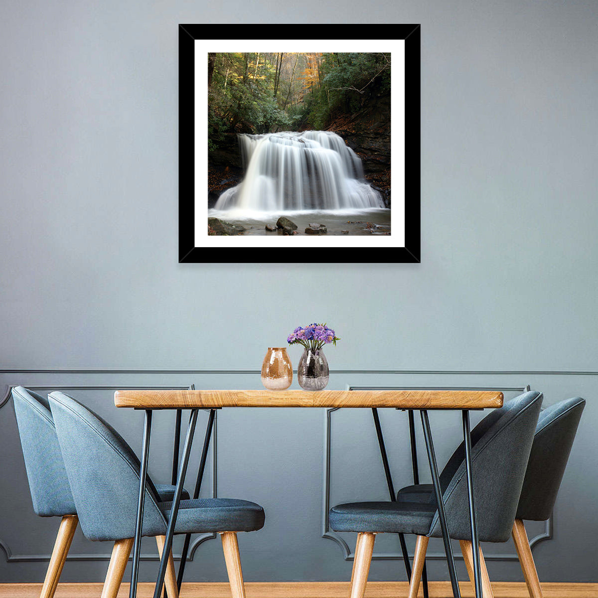 Holly River Autumn Waterfall Wall Art in a room, square