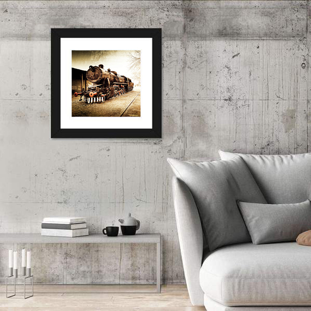 Sepia Steam Locomotive on Rusted Tracks Wall Art