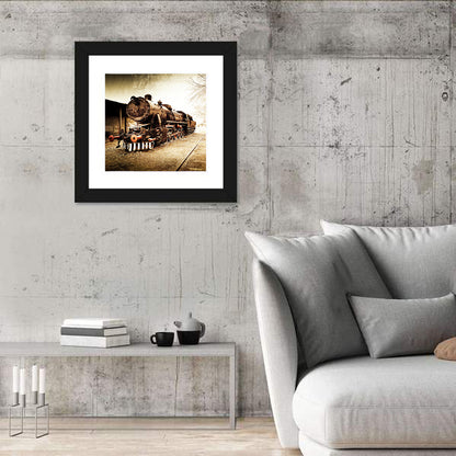 Sepia Steam Locomotive on Rusted Tracks Wall Art
