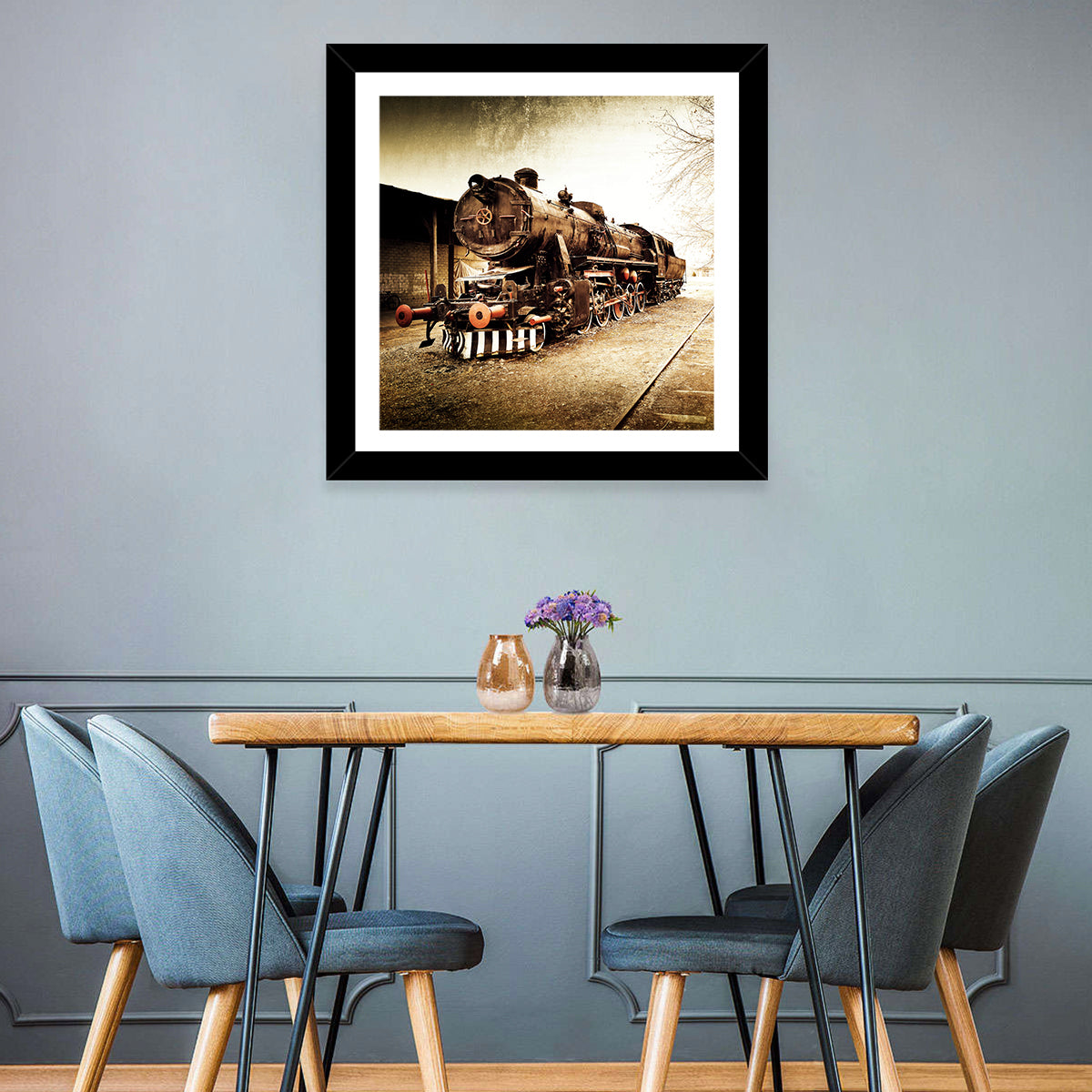 Sepia Steam Locomotive on Rusted Tracks Wall Art