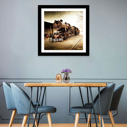 Sepia Steam Locomotive on Rusted Tracks Wall Art