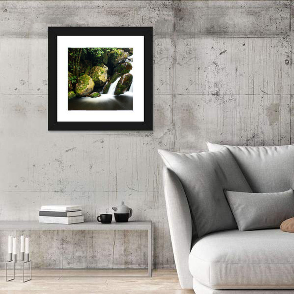 Rainforest Waterfall with Moss Covered Boulders Wall Art