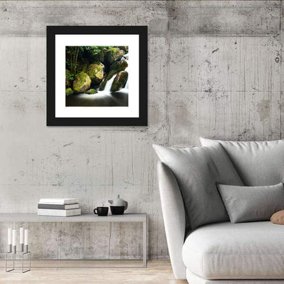 Rainforest Waterfall with Moss Covered Boulders Wall Art