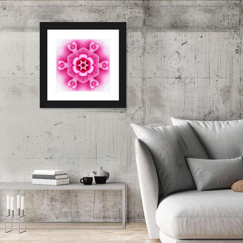 Pink Carnation Kaleidoscope Mandala Wall Art in a room, square