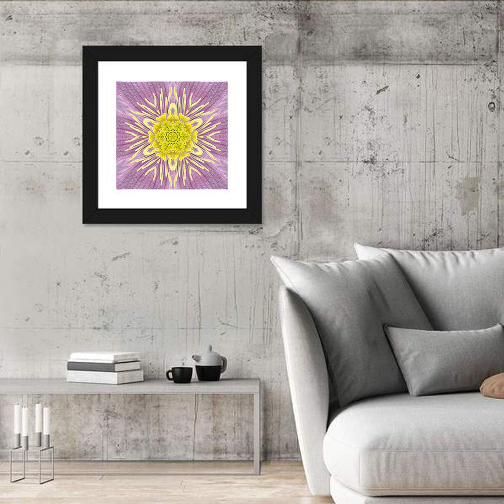Kaleidoscopic Floral Mandala in Purple and Yellow Wall Art in a room, square