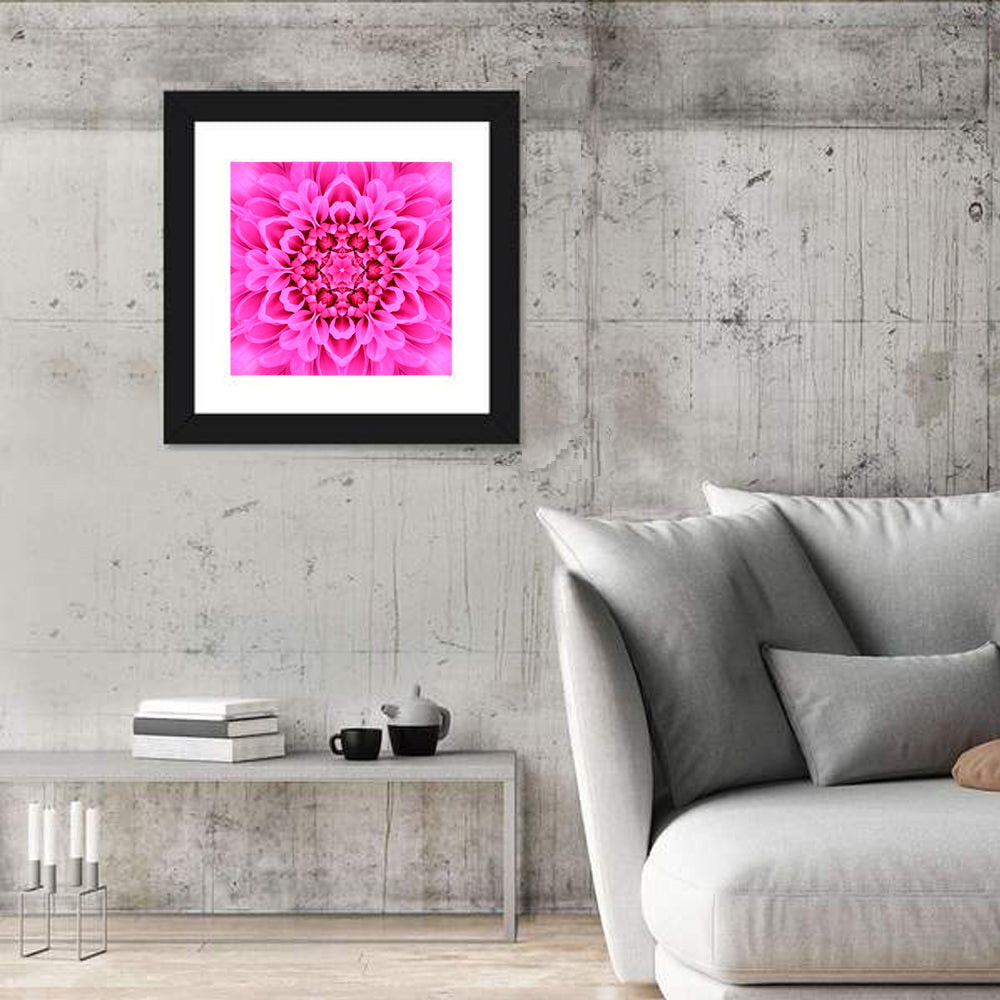 Kaleidoscopic Chrysanthemum Mandala in Magenta Wall Art in a room, square